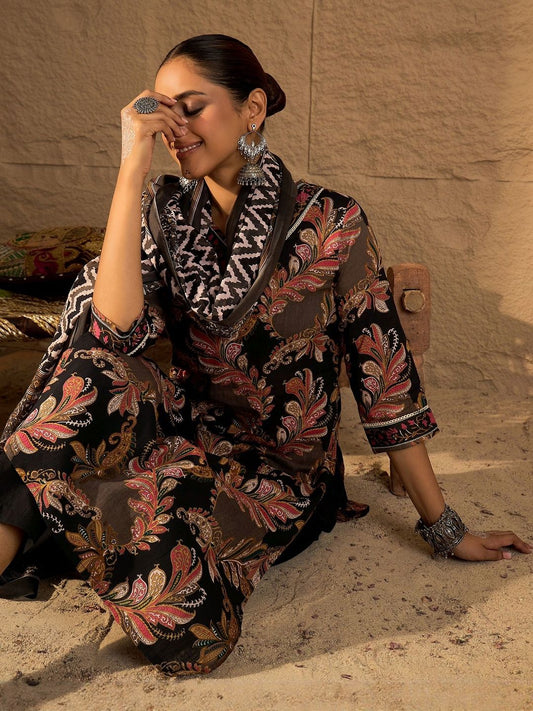 Ethnic Motifs Printed V-Neck Straight Pure Cotton Kurta With Trouser & Dupatta