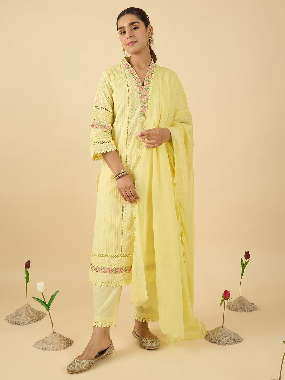 Women Floral Embroidered Cotton Kurta with Trousers & Dupatta