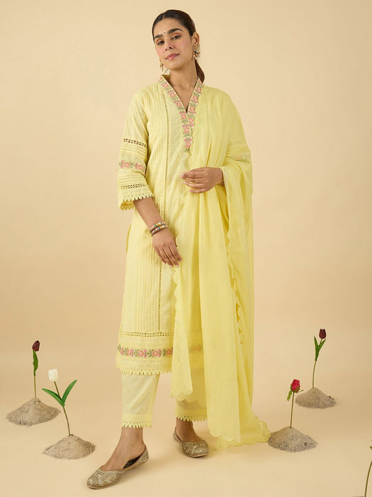 Women Floral Embroidered Cotton Kurta with Trousers & Dupatta