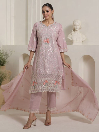 Ethnic Motifs Embroidered Thread Work Pure Cotton Kurta With Trousers & Dupatta