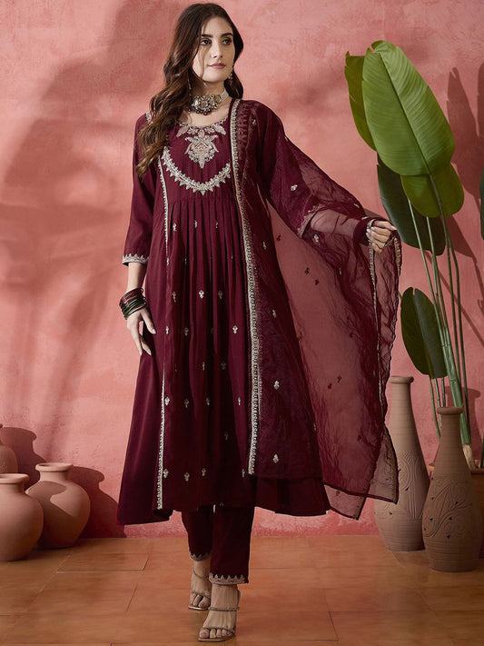 Dhiyona SN Women's Floral Embroidered Pleated Sequinned A-Line Kurta With Trouser And Dupatta