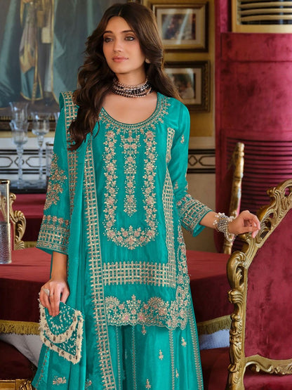 Dhiyona IE Ethnic Motifs Embroidered Round Neck Straight Kurta With Sharara & Dupatta