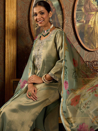 Dhiyona IE Ethnic Motifs Embroidered Zari Liva Kurta With Trousers & Dupatta