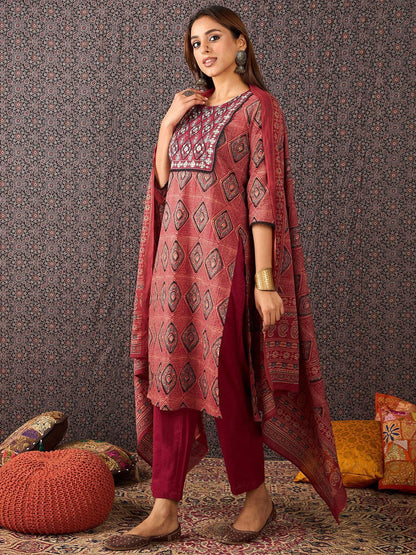 Geometric Printed Mirror Work Pure Cotton Kurta With Trousers & Dupatta