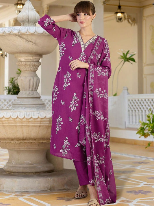 Women Floral Printed Regular Thread Work Pure Cotton Kurta with Trousers & With Dupatta