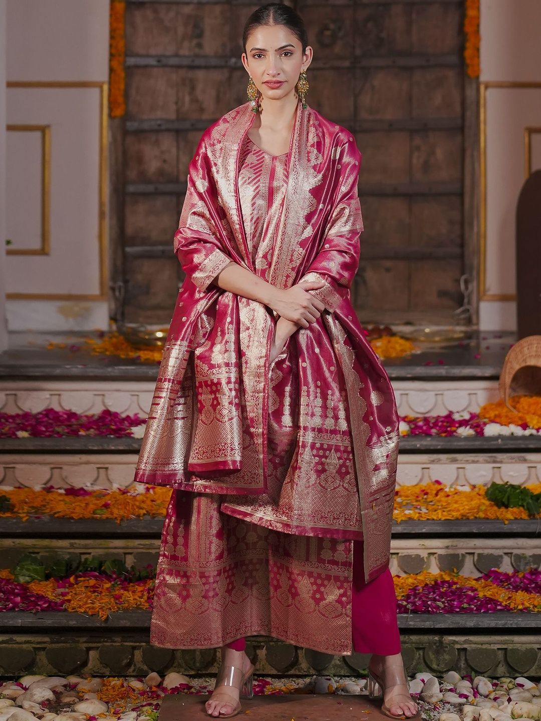 Women Solid Woven Design Regular Kurta with Trousers & With Dupatta