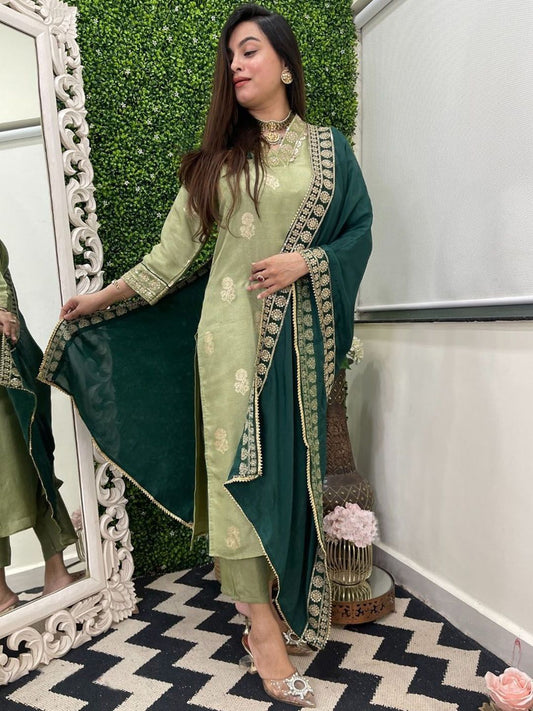 Dhiyona KL Floral Woven Design V Neck Kurta With Trousers & Dupatta