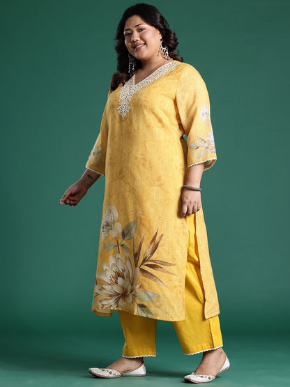 Plus Size Floral Print Regular Thread Work Kurta with Palazzos & Dupatta