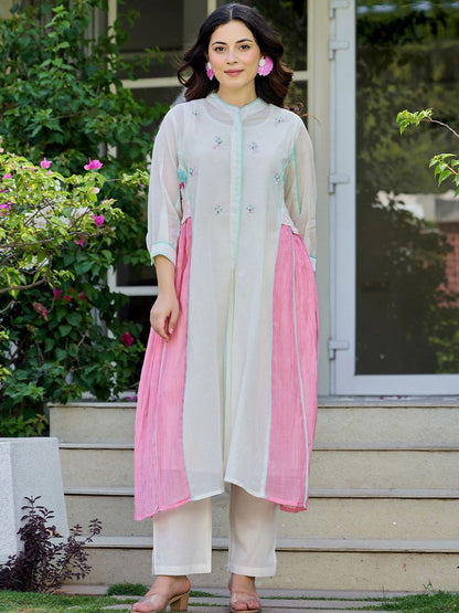 Ethnic Motifs Embroidered Layered Thread Work Pure Cotton Kurta With Trousers