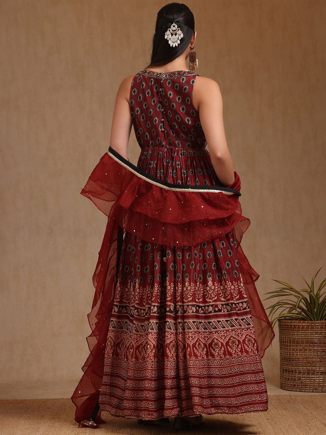 Dhiyona SO Women's Floral Printed Mirror Work Chinon Anarkali Kurta With Churidar & Dupatta