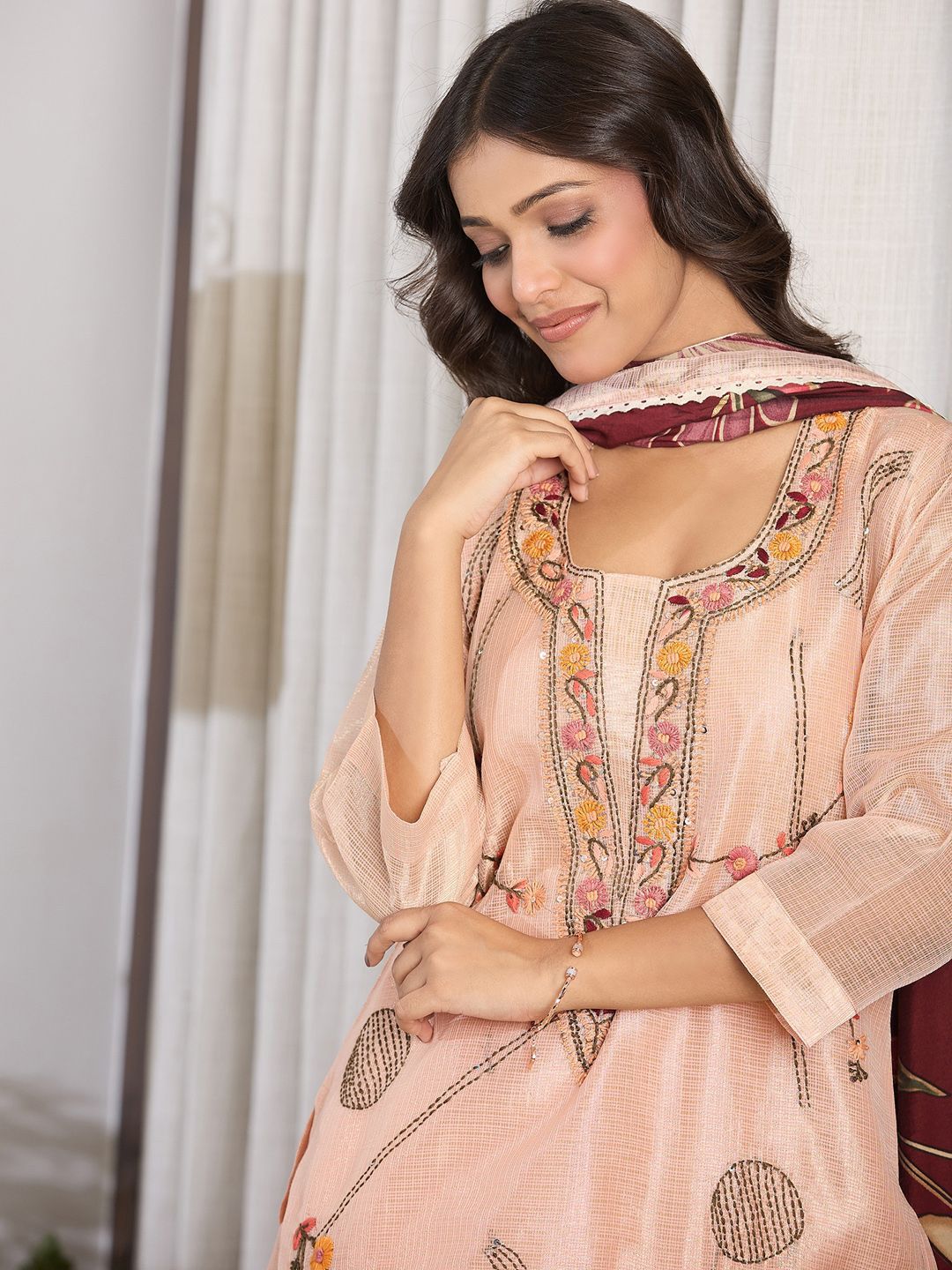 Dhiyona IE Floral Embroidered Thread Work Pure Cotton Kurta With Trousers & Dupatta