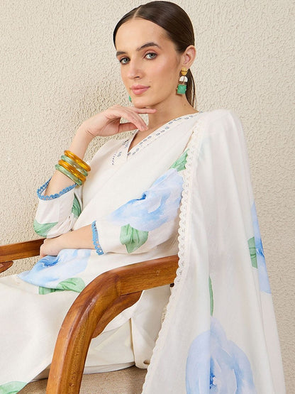 Women Floral Printed Regular Sequinned Linen Kurta with Trousers & Dupatta