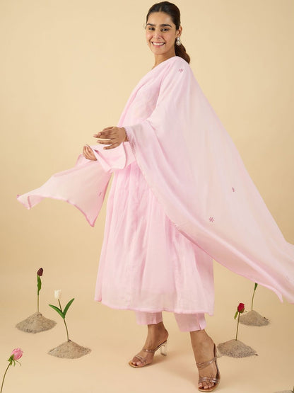 Women Embroidered Thread Work Pure Cotton Kurta with Trousers & With Dupatta