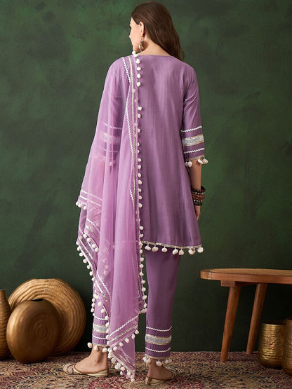 Dhiyona SN Women's Purple Floral Embroidered Mirror Work A-Line Kurta With Trousers & Dupatta