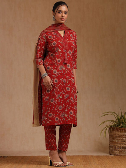 Dhiyona SO Women's Floral Printed Sequinned Straight Kurta with Trouser & Dupatta