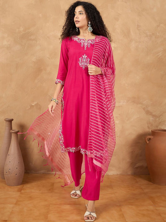Dhiyona VA Women's Ethnic Motifs Embroidered Kurta with Trouser & Dupatta