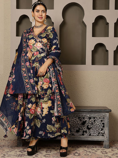 Dhiyona SN Women's Floral Printed Pure Cotton Anarkali Kurta with Palazzo & Dupatta