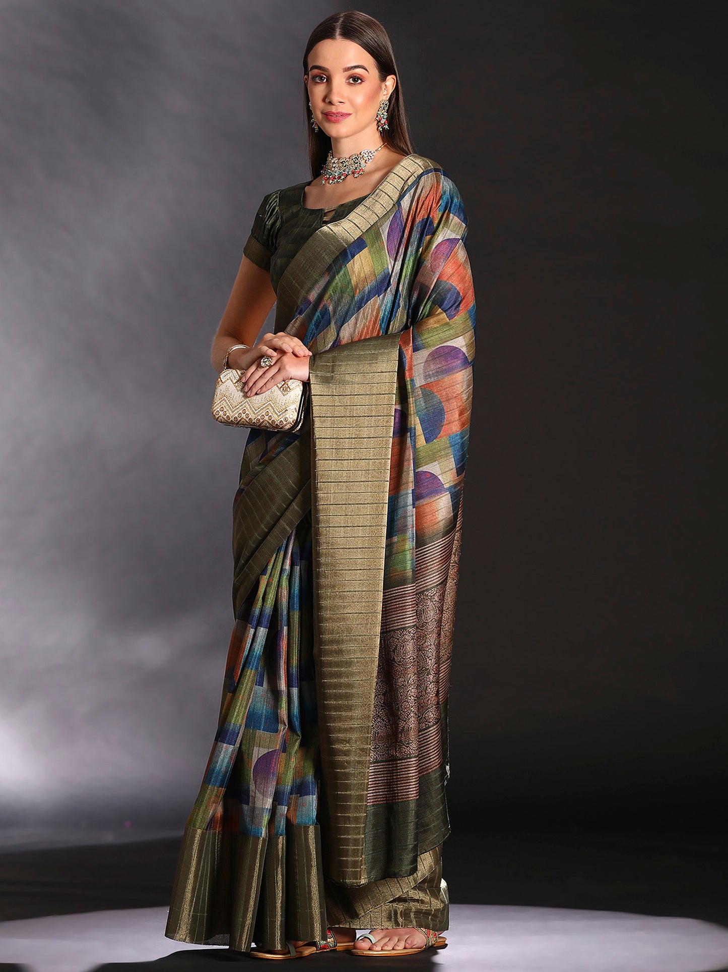 Women's Silk Blend Multicolored Printed Designer Saree With Blouse Piece