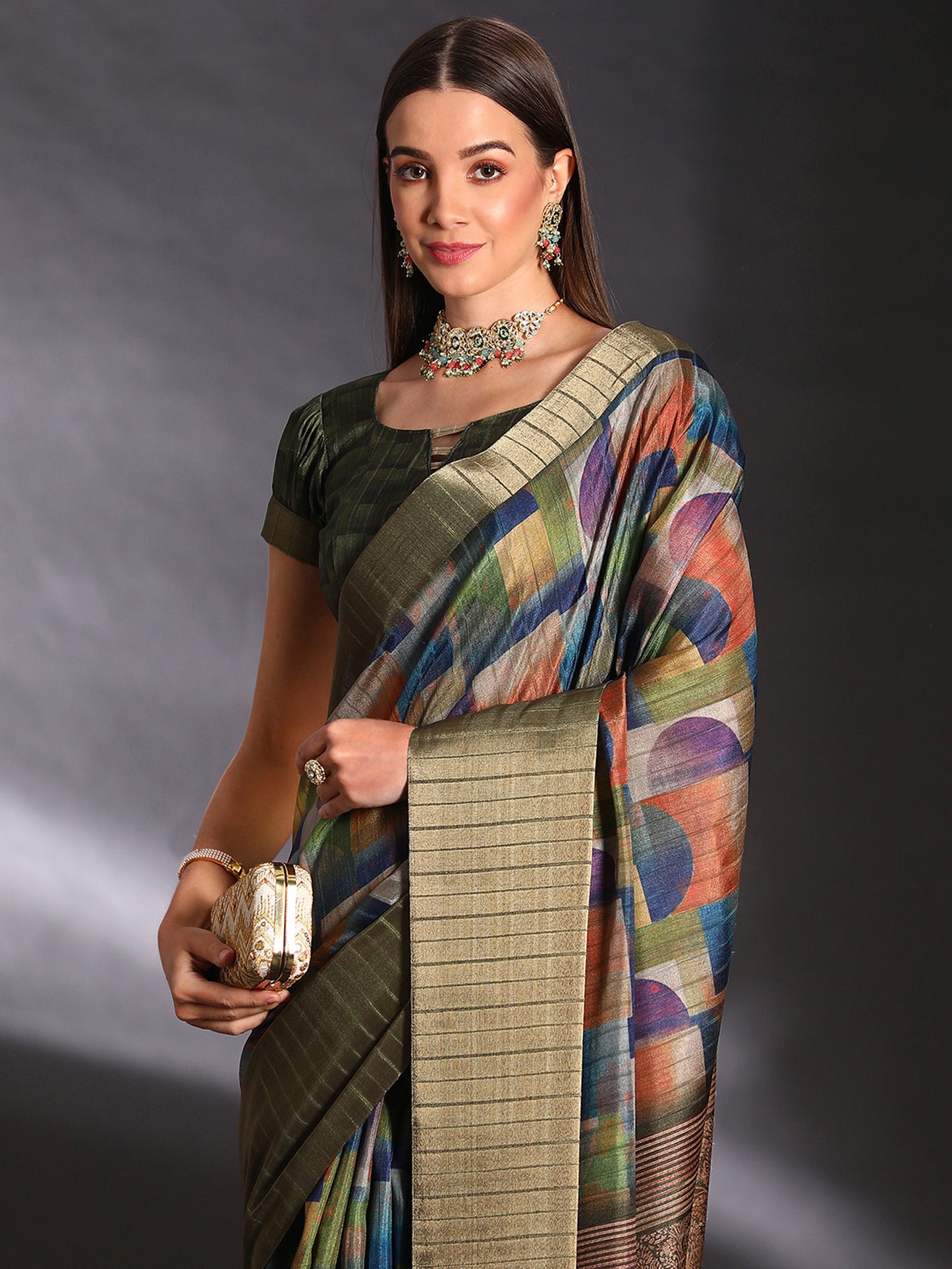 Women's Silk Blend Multicolored Printed Designer Saree With Blouse Piece