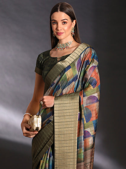Women's Silk Blend Multicolored Printed Designer Saree With Blouse Piece