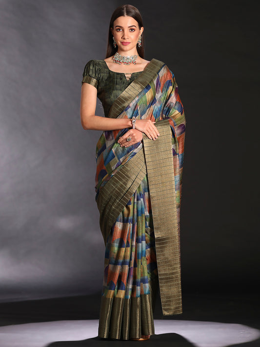Women's Silk Blend Multicolored Printed Designer Saree With Blouse Piece