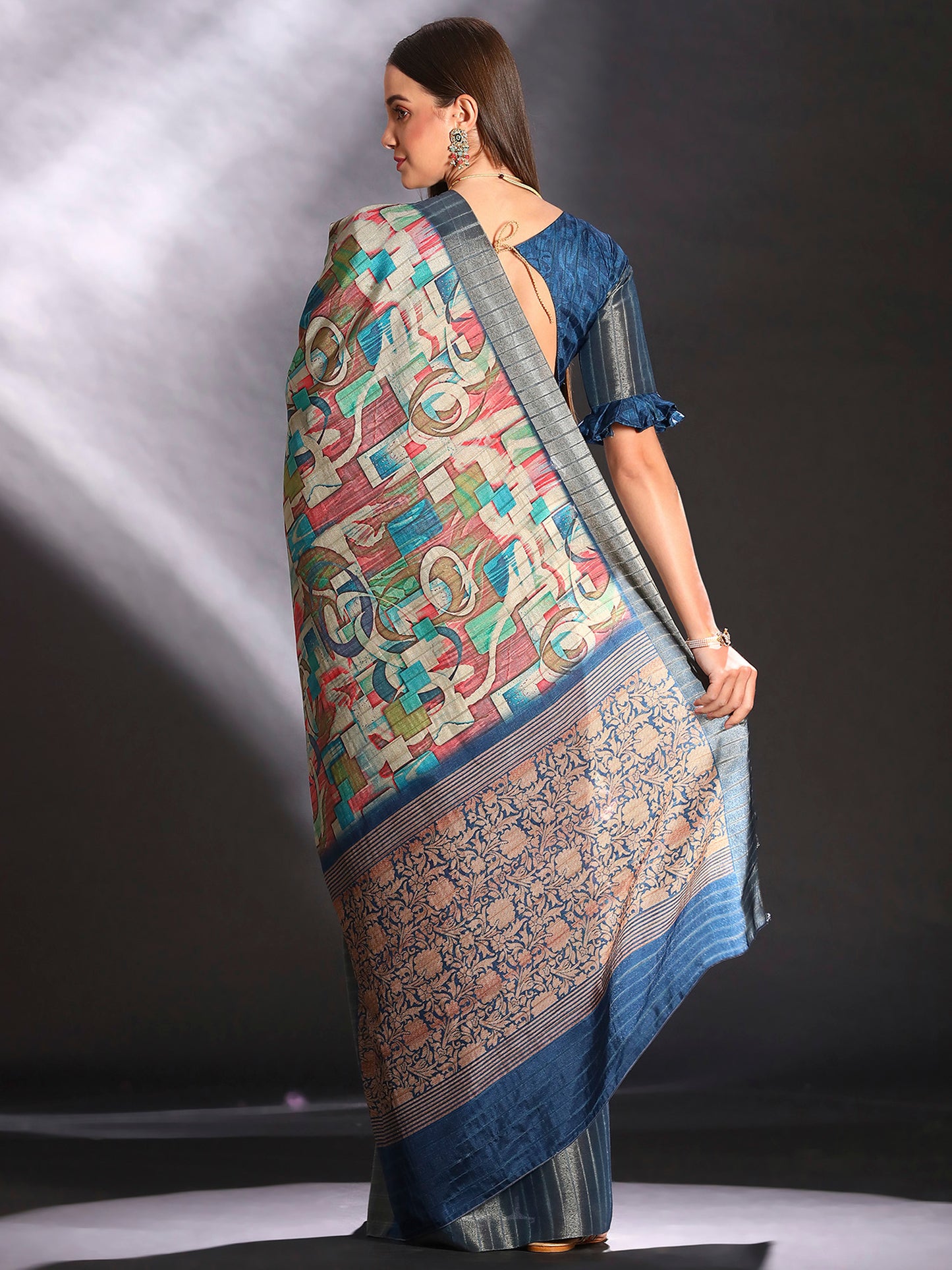 Women's Silk Blend Multicolored Printed Designer Saree With Blouse Piece