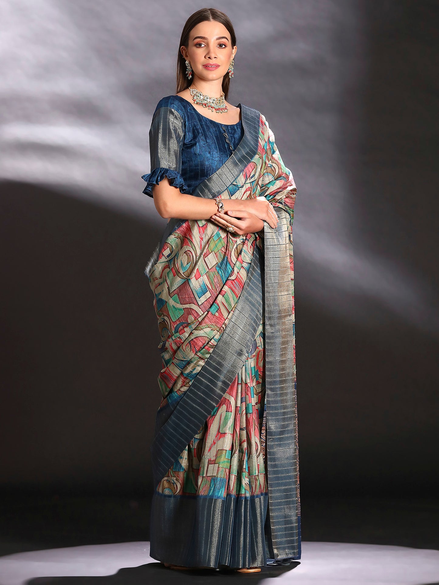 Women's Silk Blend Multicolored Printed Designer Saree With Blouse Piece