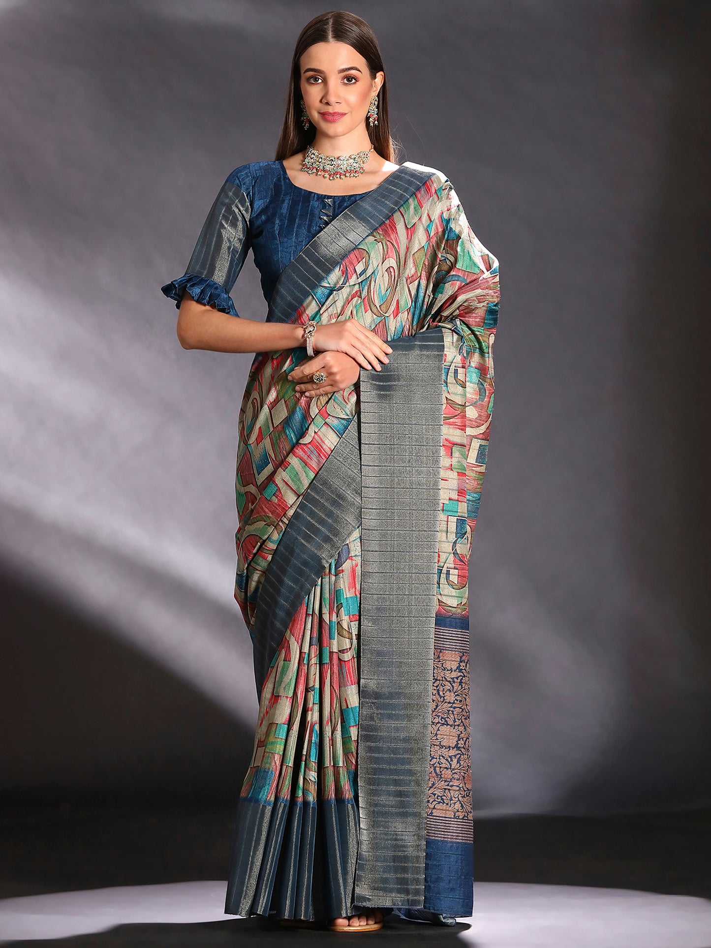 Women's Silk Blend Multicolored Printed Designer Saree With Blouse Piece