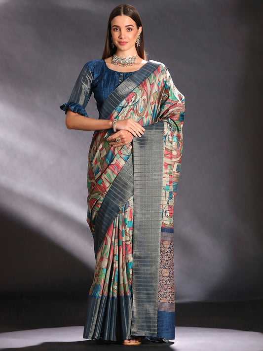 Women's Silk Blend Multicolored Printed Designer Saree With Blouse Piece