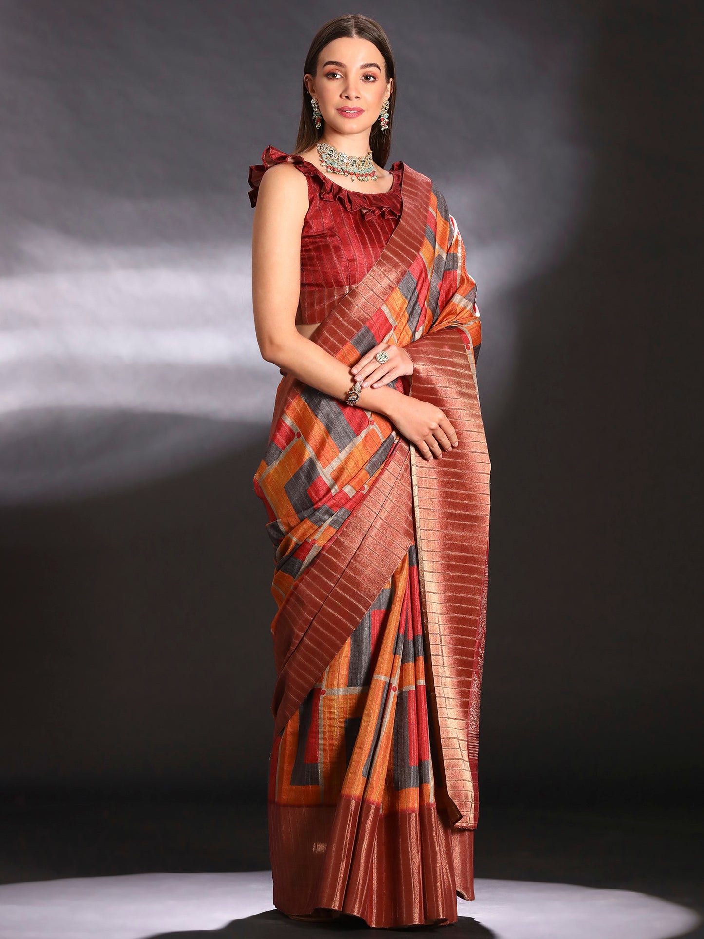 Women's Silk Blend Multicolored Printed Designer Saree With Blouse Piece