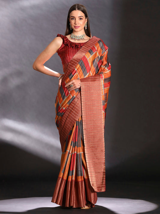 Women's Silk Blend Multicolored Printed Designer Saree With Blouse Piece