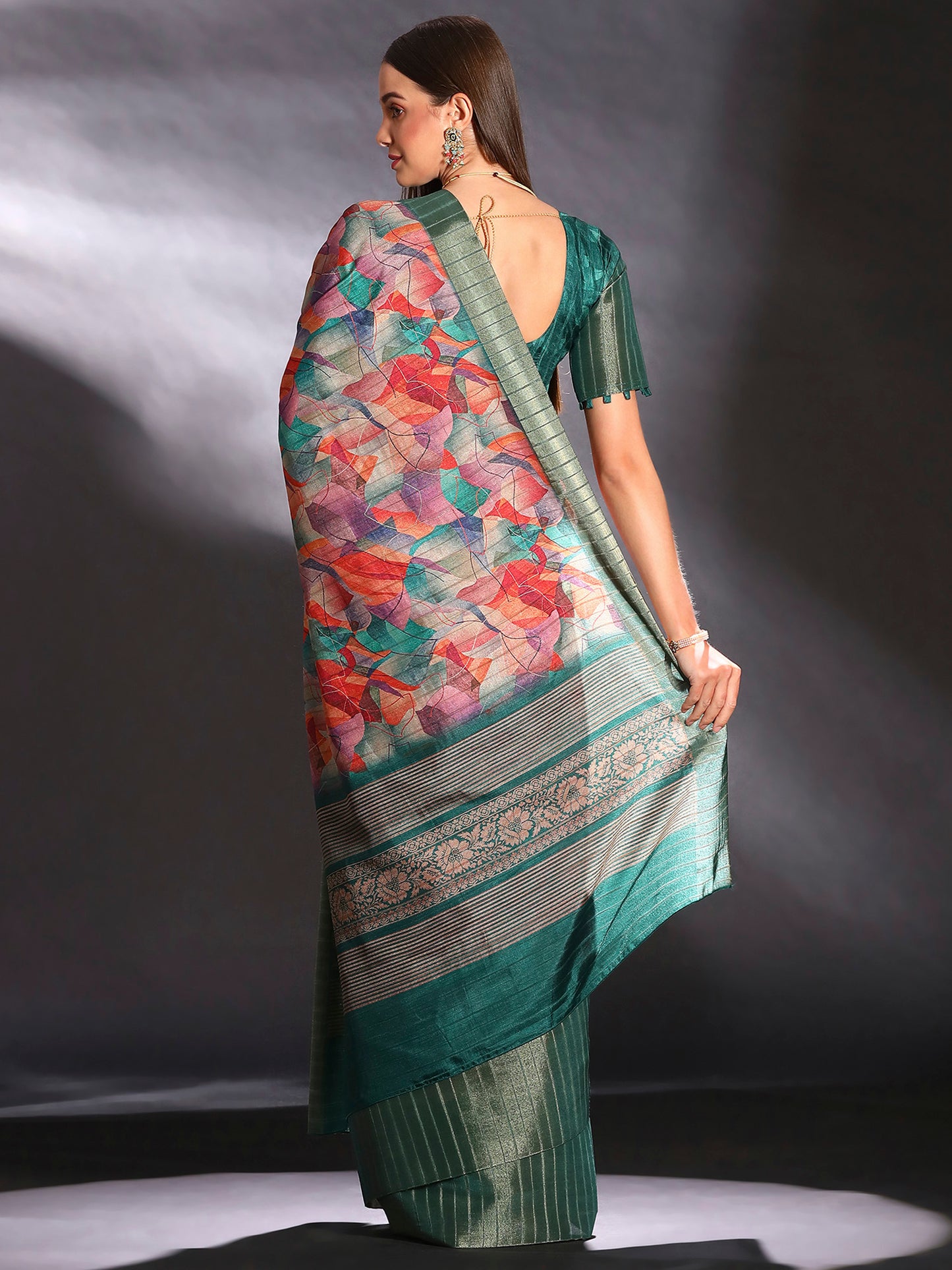 Women's Silk Blend Multicolored Printed Designer Saree With Blouse Piece