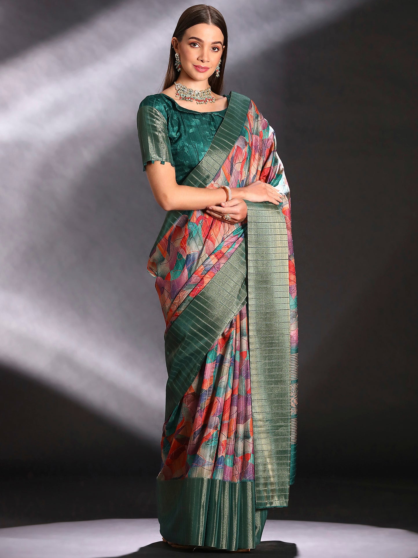 Women's Silk Blend Multicolored Printed Designer Saree With Blouse Piece