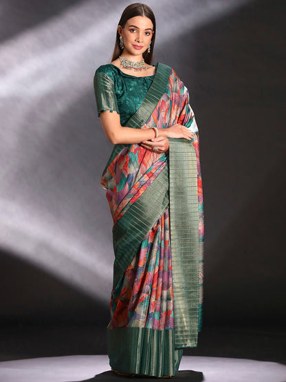 Women's Silk Blend Multicolored Printed Designer Saree With Blouse Piece