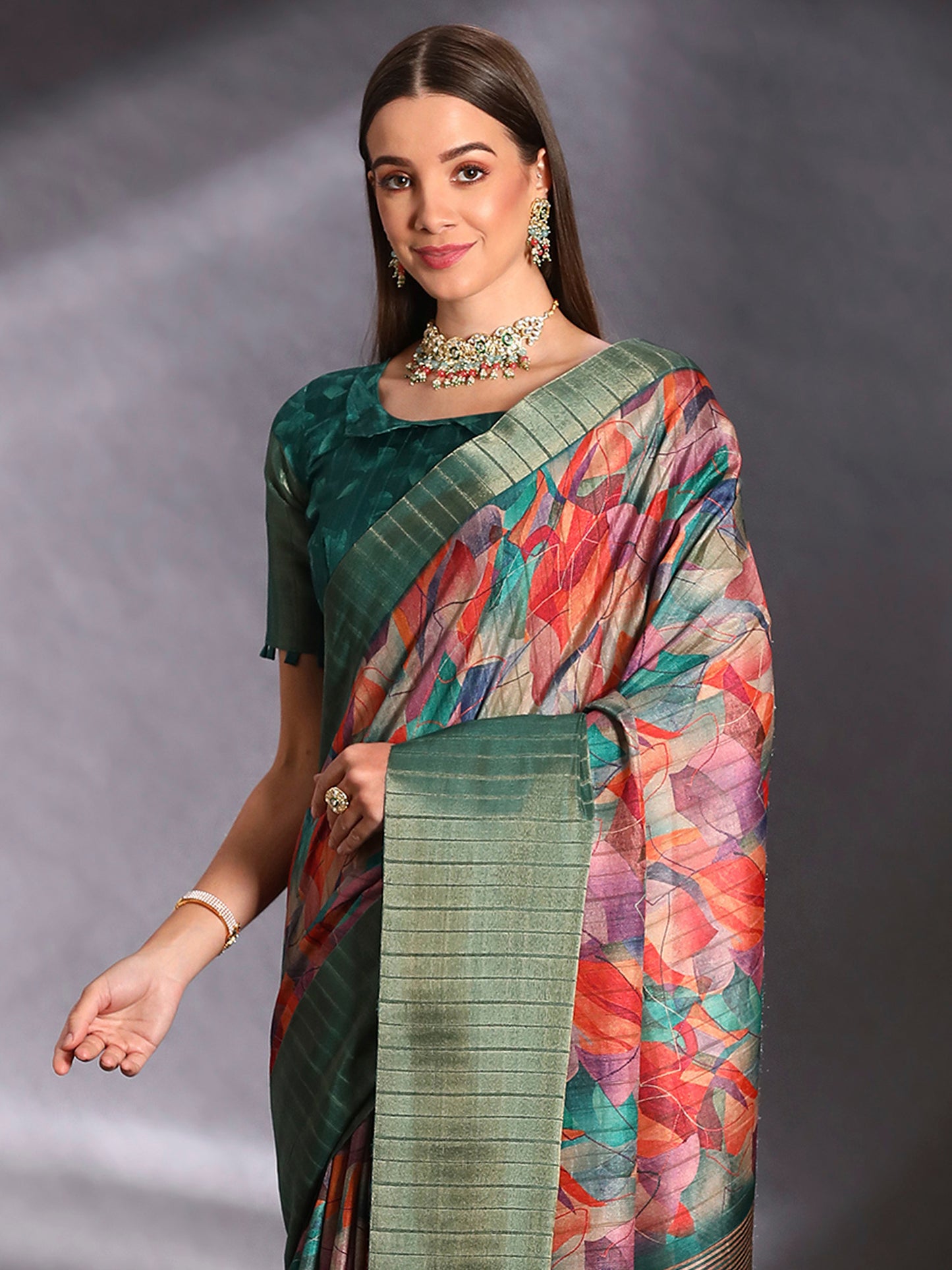Women's Silk Blend Multicolored Printed Designer Saree With Blouse Piece