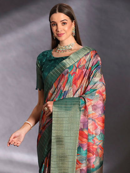 Women's Silk Blend Multicolored Printed Designer Saree With Blouse Piece
