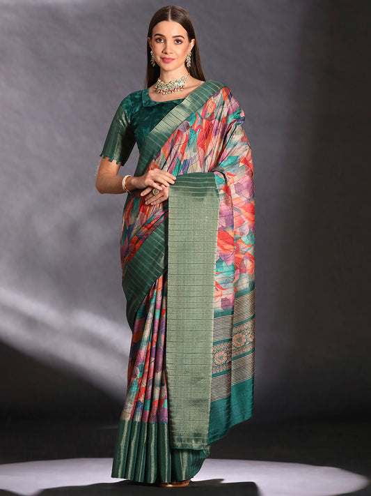 Women's Silk Blend Multicolored Printed Designer Saree With Blouse Piece