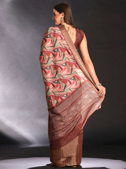 Women's Silk Blend Multicolored Printed Designer Saree With Blouse Piece