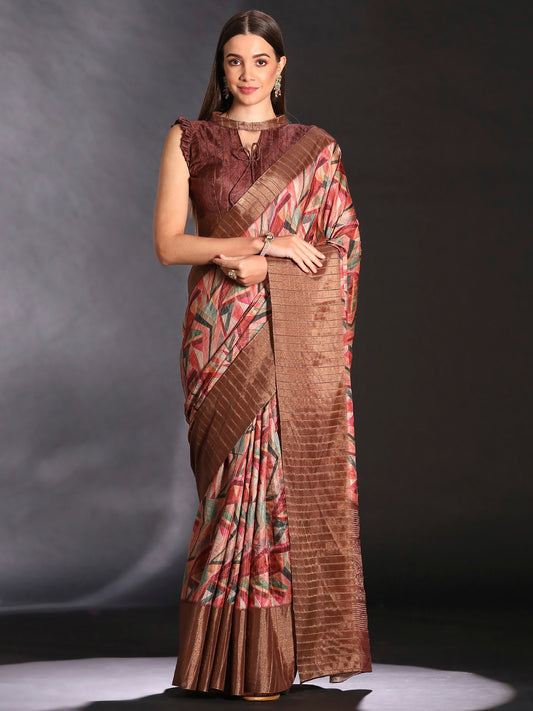 Women's Silk Blend Multicolored Printed Designer Saree With Blouse Piece