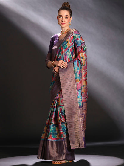 Women's Silk Blend Multicolored Printed Designer Saree With Blouse Piece
