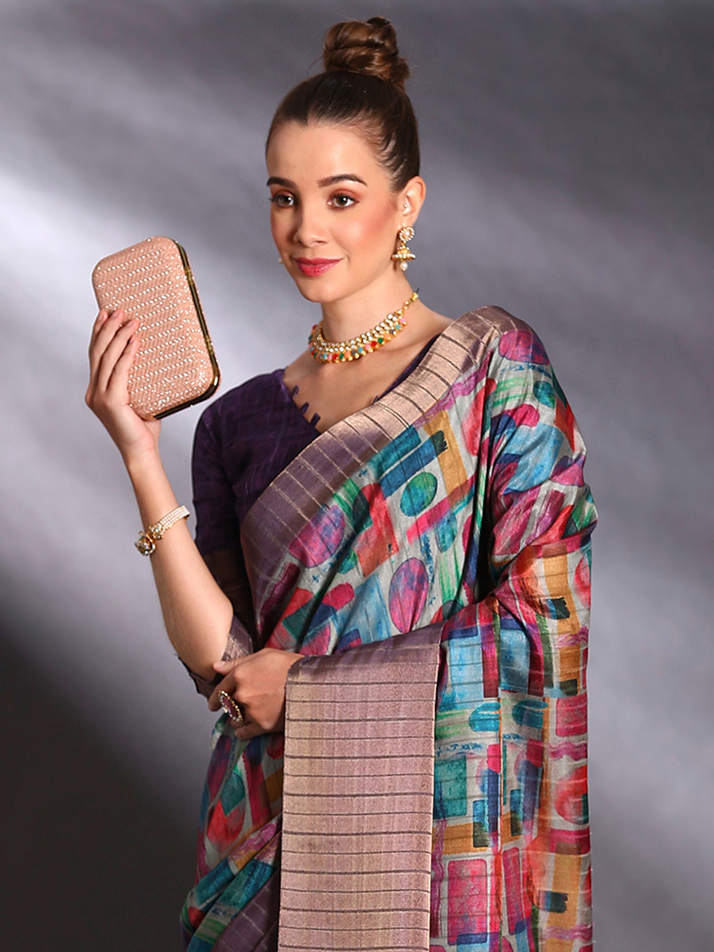 Women's Silk Blend Multicolored Printed Designer Saree With Blouse Piece