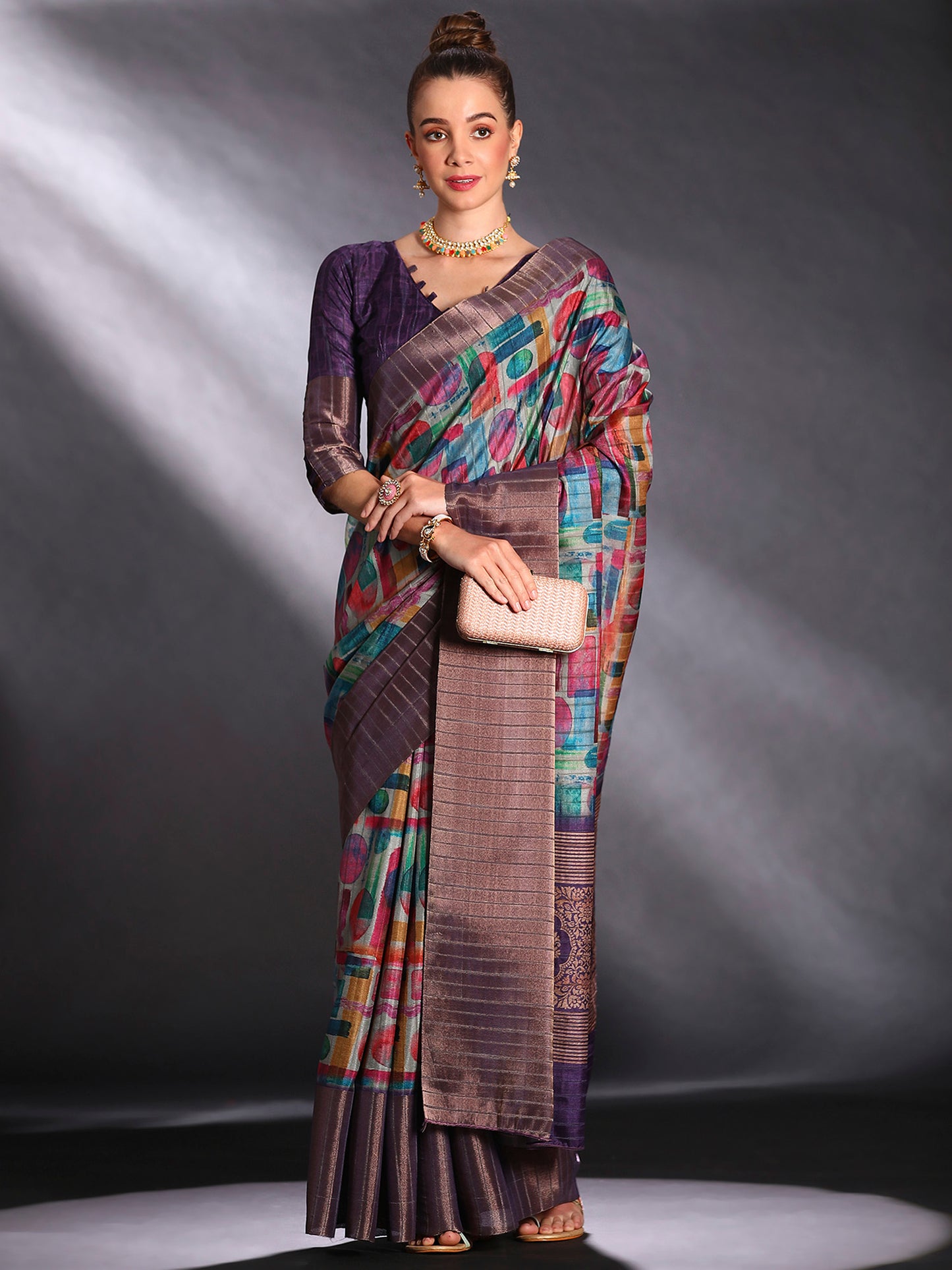 Women's Silk Blend Multicolored Printed Designer Saree With Blouse Piece