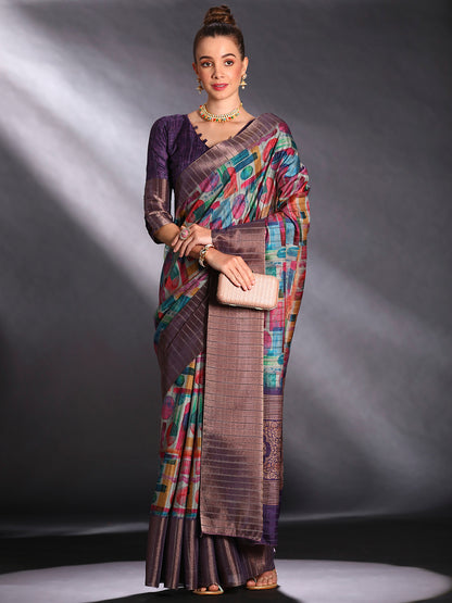 Women's Silk Blend Multicolored Printed Designer Saree With Blouse Piece
