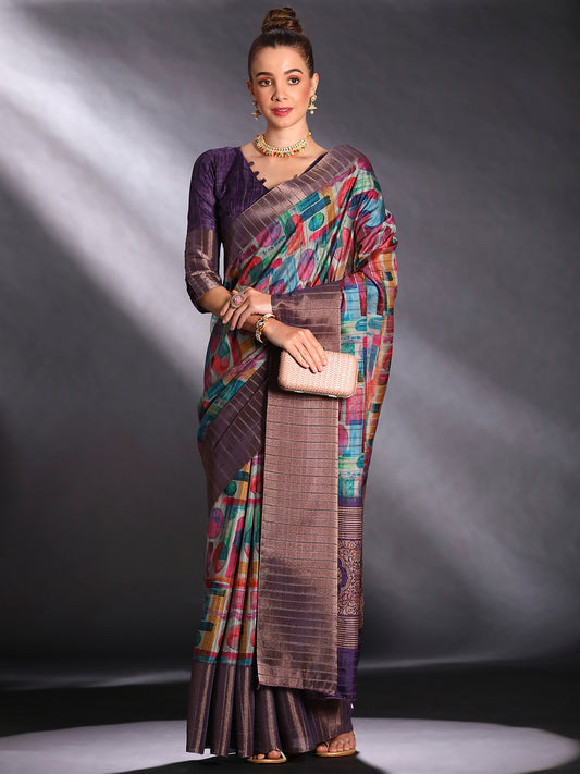Women's Silk Blend Multicolored Printed Designer Saree With Blouse Piece