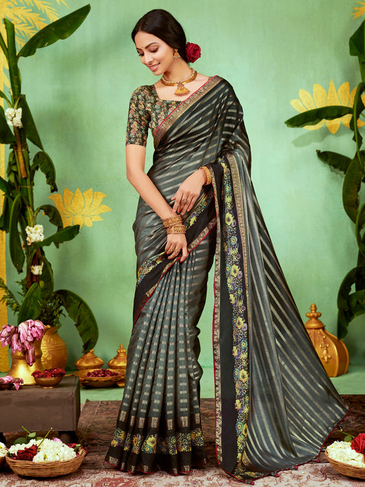 Women's Soft Silk Grey Embellished Designer Saree With Blouse Piece