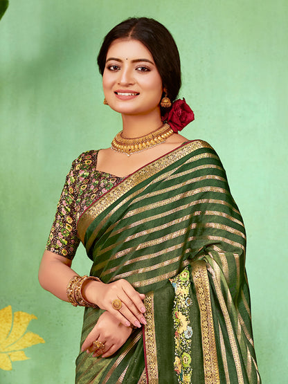 Women's Soft Silk Green Embellished Designer Saree With Blouse Piece