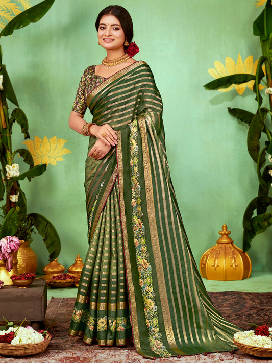 Women's Soft Silk Green Embellished Designer Saree With Blouse Piece