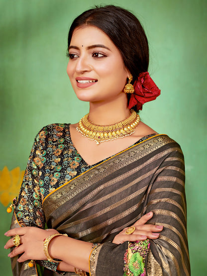 Women's Soft Silk Grey Embellished Designer Saree With Blouse Piece