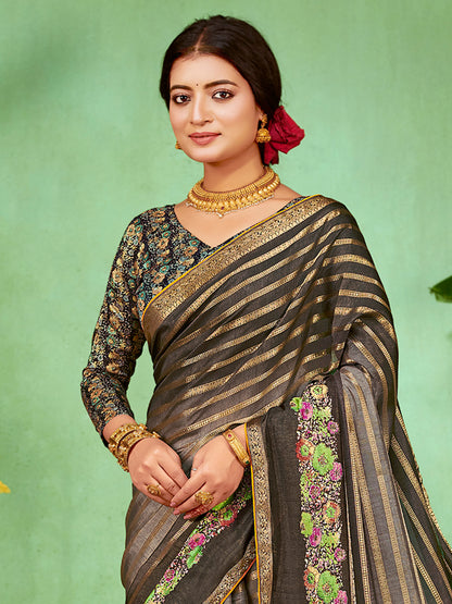 Women's Soft Silk Grey Embellished Designer Saree With Blouse Piece