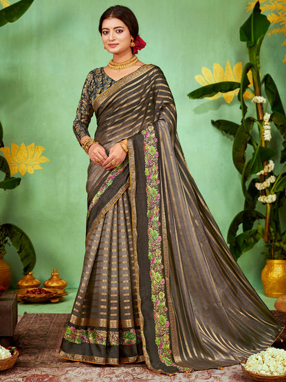 Women's Soft Silk Grey Embellished Designer Saree With Blouse Piece